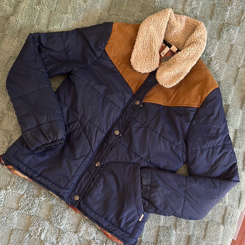 Element Blue and Brown Puffer Jacket with Sherpa Collar